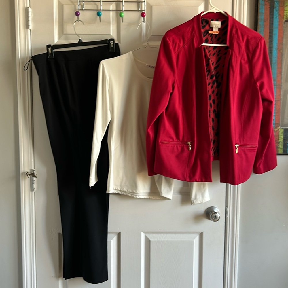 Chico’s red jacket, Size 3- —Nine West black pants Size 14. Size XL/off white te
